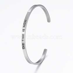 304 Stainless Steel Inspirational Cuff Bangles, with Enamel & Word Word The Time Is Now, Stainless Steel Color, 2-1/2 inchx2 inch(62x52mm)(BJEW-K173-12P)