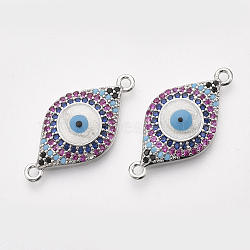 Brass Micro Pave Cubic Zirconia Links connectors, with Enamel, Nickel Free, Evil Eye, Colorful, Real Platinum Plated, 7.5x26x4mm, Hole: 1.5mm(ZIRC-T046-003P-NF)