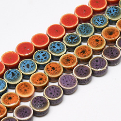 Handmade Porcelain Beads, Fancy Antique Glazed Porcelain, Flat Round, Mixed Color, 12~13x7.5~8mm, Hole: 3mm(PORC-S496-A-12mm)