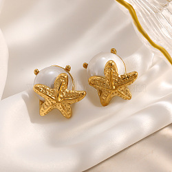 304 Stainless Steel Stud Earrings for Women, Starfish, with Resin Imitation Pearl Beads, Golden, 23.5x21mm(SA-CBAF36C-08G)