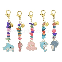 Ocean Theme Alloy Enamel Pendant Decorations, with Synthetic Turquoise Chip Beads and Lobster Claw Clasps, Golden, 70mm, 5pcs/set(HJEW-JM01371-S)