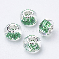 Resin European Beads, Large Hole Beads, with Glitter Powder & Platinum Tone Brass Double Cores, Rondelle, Sea Green, 14x9mm, Hole: 5mm(RPDL-T001-01O)