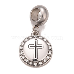 304 Stainless Steel Crystal Rhinestone European Dangle Charms, Large Hole Pendants, with Enamel, Stainless Steel Color, Flat Round with Cross, Black, 24mm, Hole: 4.5mm(STAS-F278-18P)
