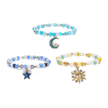 3Pcs 3 Style Moon & Sun & Star Alloy Enamel Charm Stretch Bracelets Set with Glass for Women, Mixed Color, Inner Diameter: 2-1/8 inch(5.3cm), 3pcs/set