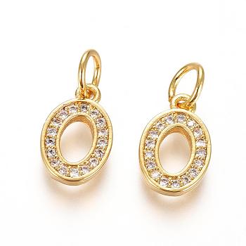 Brass Micro Pave Clear Cubic Zirconia Charms, with Jump Ring, Number, Golden, Num.0, 11x7x2mm, Hole: 3mm