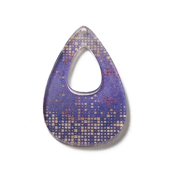 Printed Acrylic Pendants, Teardrop with Flower, Medium Purple, 43x27x2mm, Hole: 1.6mm
