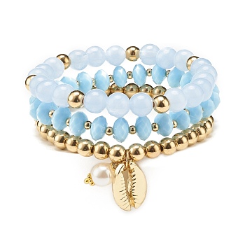 Beaded Stretch Bracelets Set, with Acrylic Beads, ABS & CCB Plastic Beads, Alloy Pendant & Beads, Brass Findings, Light Cyan, 1/8 inch(0.3~0.8cm), Inner Diameter: 2-1/8 inch(5.5cm), 3pcs/set