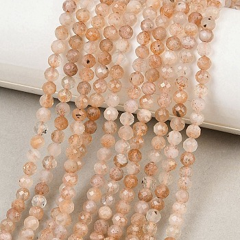 Natural Gold Sunstone Beads Strands, Round, Faceted, 4~4.5mm, Hole: 0.6mm, about 98pcs/strand, 15.59''(39.6cm)