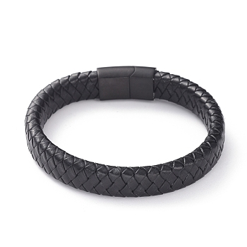 Unisex Leather Cord Weave Bracelets, with Gunmetal Plated 304 Stainless Steel Magnetic Clasps, Black, 8-1/4 inch(21cm), 12x6mm