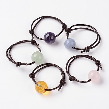 Adjustable Natural Mixed Stone Finger Rings, with Cowhide Leather Cord, 18mm