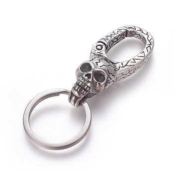 304 Stainless Steel Split Key Rings, Keychain Clasp Findings, Skull, Antique Silver, 72.5mm, Ring: 28x2.5mm, 22mm Inner Diameter