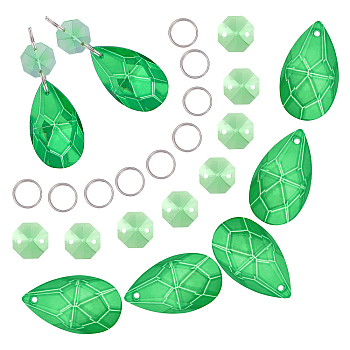 DIY Shining Faceted Pendant Making Kits, Including Octagon Glass Rhinestone Links, Octagon Glass Pendants, Iron Split Rings, Green, Links: 20pcs, Pendants: 10pcs, Ring: 40pcs