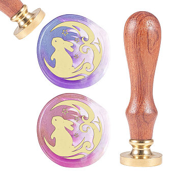Brass Wax Seal Stamp, with Natural Rosewood Handle, for DIY Scrapbooking, Rabbit Pattern, Stamp: 25mm, Handle: 79.5x21.5mm