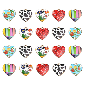 25Pcs 5 Styles Alloy Enamel Pendants, Light Gold, Heart with Flower, Mixed Color, 18x18x1.5mm, Hole: 1.8mm, 5pcs/style