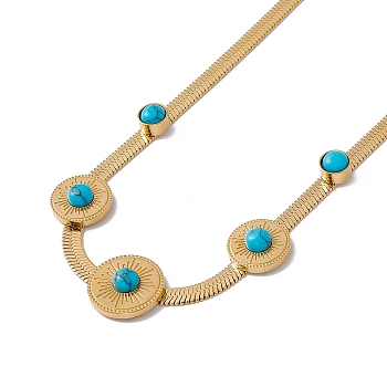 Synthetic Turquoise Pendant Necklace with 304 Stainless Steel Herringbone Chains, Golden, Round Pattern, 15.75 inch(40cm)