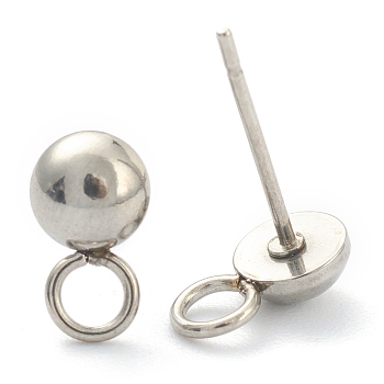 202 Stainless Steel Stud Earring Findings, with Loop, Half Round, Stainless Steel Color, 8.5x5mm, Hole: 2.5mm, Pin: 0.8mm