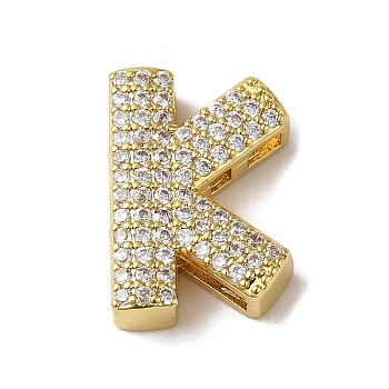 Brass Beads, with Clear Cubic Zirconia, Letter K, 20x14.5x5.5mm, Hole: 4.5x2.5mm