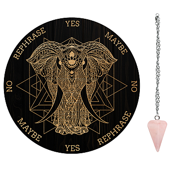 AHADEMAKER 1Pc Cone/Spike/Pendulum Natural Rose Quartz Stone Pendants, 1Pc 304 Stainless Steel Cable Chain Necklaces, 1Pc PVC Custom Pendulum Board, Dowsing Divination Board, Elephant Pattern, Board: 200x4mm