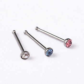304 Stainless Steel Rhinestone Nose Studs, Nose Bone Rings, Nose Piercing Jewelry, Mixed Color, 9mm, Bar Length: 1/4"(7mm), Pin: 20 Gauge(0.8mm)