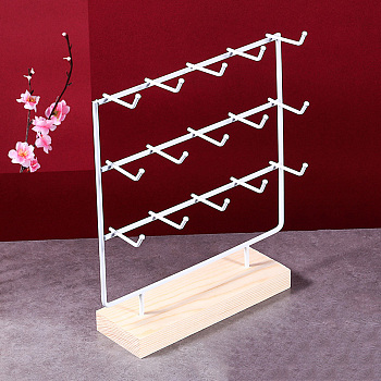 3-Tier 15-Hook Iron Jewelry Display Stands with Wooden Base, Jewelry Organizer Holder for Earring Display Cards, Hair Ties, Bracelets Storage, Rectangle, White, 24x7x27cm