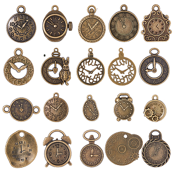 2 Sets Tibetan Style Alloy Pendants, Clock Charm, Antique Bronze, 16~36x12.5~27x1~3.5mm, Hole: 1.5~9mm, 20pcs/set