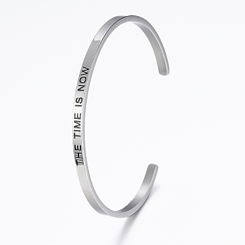 304 Stainless Steel Inspirational Cuff Bangles, with Enamel & Word Word The Time Is Now, Stainless Steel Color, 2-1/2 inchx2 inch(62x52mm)