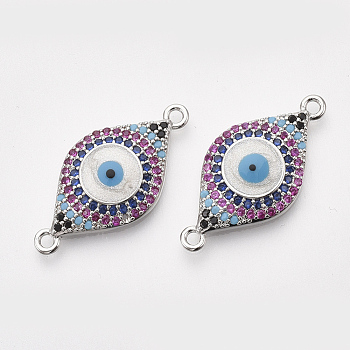 Brass Micro Pave Cubic Zirconia Links connectors, with Enamel, Nickel Free, Evil Eye, Colorful, Real Platinum Plated, 7.5x26x4mm, Hole: 1.5mm