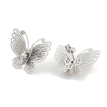 304 Stainless Steel Stud Earrings for Women, with Glass, Butterfly, Stainless Steel Color, 22x26mm