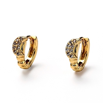 Brass Micro Pave Clear Cubic Zirconia Huggie Hoop Earrings, Ring with Moon, Real 18K Gold Plated, 9x2mm, Pin: 1mm