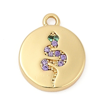 Brass Micro Pave Cubic Zirconia Charms, Flat Round with Snake Pattern, Cadmium Free & Lead Free, Long-Lasting Plated, Rack Plating, Real 18K Gold Plated, Lilac, 12x10x2mm, Hole: 1.2mm