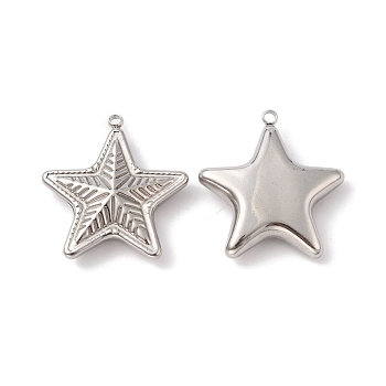 304 Stainless Steel Pendants, Star Charm, Stainless Steel Color, 36x34x8mm, Hole: 3mm