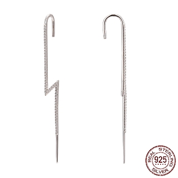Rhodium Plated 925 Sterling Silver Ear Wrap Crawler Hook Earrings, with Cubic Zirconia, with S925 Stamp, Lightning Bolt, Clear, Real Platinum Plated, 65x6.5mm, Pin: 1.3mm
