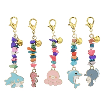 Ocean Theme Alloy Enamel Pendant Decorations, with Synthetic Turquoise Chip Beads and Lobster Claw Clasps, Golden, 70mm, 5pcs/set