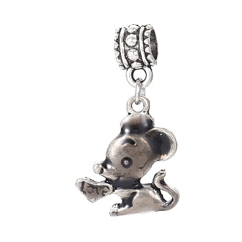 Tibetan Style Alloy European Dangle Charms, with Enamel, Large Hole Pendants, Mouse, Gray, Antique Silver, 31mm, Hole: 5mm, Mouse: 19x16.5x3mm