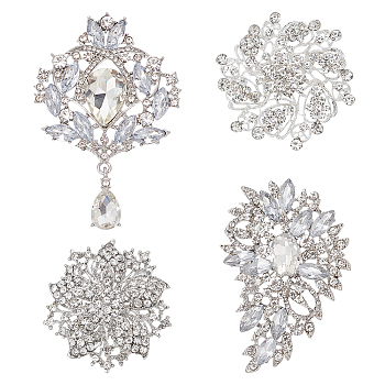 4Pcs 4 Style Rhinestone Flower Brooch Pins, Silver Alloy Badges for Backpack Clothes, Crystal, 52~95x8~19mm, 1Pc/style