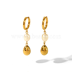 Stainless Steel & Freshwater Pearl Teardrop Hoop Earrings, Women's European and American Style, Real 18K Gold Plated, 50mm(NL4895)