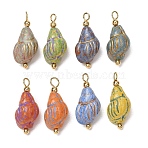 Baking Paint & Golden Metal Enlaced Glass Pendants, Picasso Beaded Pendants, Conch Charm, with Brass Loops, Real 18K Gold Plated, Mixed Color, 23x9x10mm, Hole: 2.3mm(GL-CBA010C-07G)