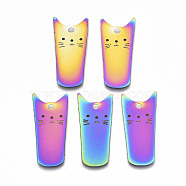 Ion Plating(IP) 201 Stainless Steel Pendants, Etched Metal Embellishments, Cat Shape, Rainbow Color, 31x14.5x0.3mm, Hole: 1.8mm(STAS-R114-020)