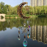 Natural Tiger Eye Chip & Metal Moon Hanging Suncatchers, with Glass Teardrop/Octagon and Metal Butterfly Link for Home Garden Decoration, 390mm(PW-WG15083-01)