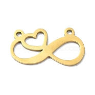 304 Stainless Steel Pendants, Laser Cut, Infinity with Heart Charm, Golden, 12.5x22.5x1mm, Hole: 1.4mm(STAS-C097-58G)