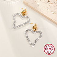 Two Tone Platinum & Golden 925 Sterling Silver Dangle Stud Earrings, with Cubic Zirconia, Heart, 54x36mm(QO3492-1)