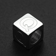 201 Stainless Steel European Beads, Large Hole Beads, Horizontal Hole, Cube, Stainless Steel Color, Letter.Q, 7x7x7mm, Hole: 5mm(STAS-N090-LA062-Q)