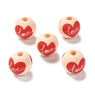 Printed Wood European Beads, Large Hole Beads, Round with Heart and Word Love Pattern, Blanched Almond, 16x15mm, Hole: 4mm(WOOD-F011-09)