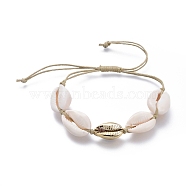 Adjustable Waxed Cotton Cord Braided Bead Bracelets, with Electroplated Cowrie Shell Beads and Natural Cowrie Shell Beads, White, Golden, 3~9cm(BJEW-JB05121-02)