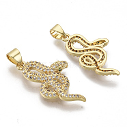 Brass Micro Pave Clear Cubic Zirconia Pendants, Snake, Real 18K Gold Plated, 25x14x3mm, Hole: 4.5x3mm(X-ZIRC-S061-163G)