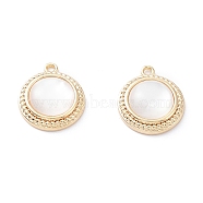 Rack Plating Brass Flat Round Charms with Shell, Long-Lasting Plated, Real 18K Gold Plated, 14x12x3.5mm, Hole: 1.2mm(KK-A183-24G)