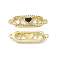 Rack Plating Brass Micro Pave Clear Cubic Zirconia Connector Charms, with Enamel, Cadmium Free & Lead Free, Oval with Heart Links, Real 18K Gold Plated, Black, 8.5x27x2.5mm, Hole: 1.5mm(ZIRC-I061-02G-03)