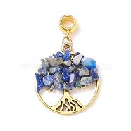 Natural Lapis Lazuli European Dangle Charms, Large Hole Pendant, with Alloy Findings, Flat Round with Tree of Life, Antique Golden, 39mm, Pendant: 28.5x25x5~7mm, Hole: 4.5mm(PALLOY-JF01786-03)