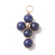 Natural Lapis Lazuli Copper Wire Wrapped Pendants, Religion Cross Charms, with Brass Beads, Light Gold, 29.5~30x16.5~17x6.5~7mm, Hole: 3.5~4mm(PALLOY-JF01981-01)