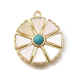 Brass Pendants, with Shell & Synthetic Turquoise, Flower Charms, Long-Lasting Plated, Real 18K Gold Plated, Rack Plating, Golden, 17.5x15.5x3.5mm, Hole: 1.2mm(STAS-Q347-17G)